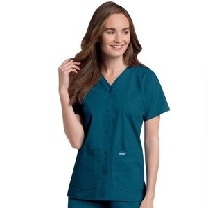 Landau Essentials Relaxed Fit 4-Pocket V-Neck Scrub Top for Women Caribbean Blue